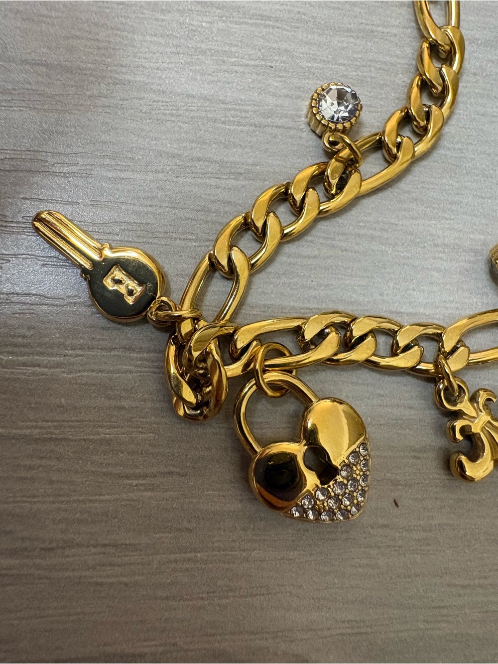 Gold Heart Lock Charm Ankle Bracelet (or bracelet) with Key & Fleur-de-Lis - Picture 2 of 10
